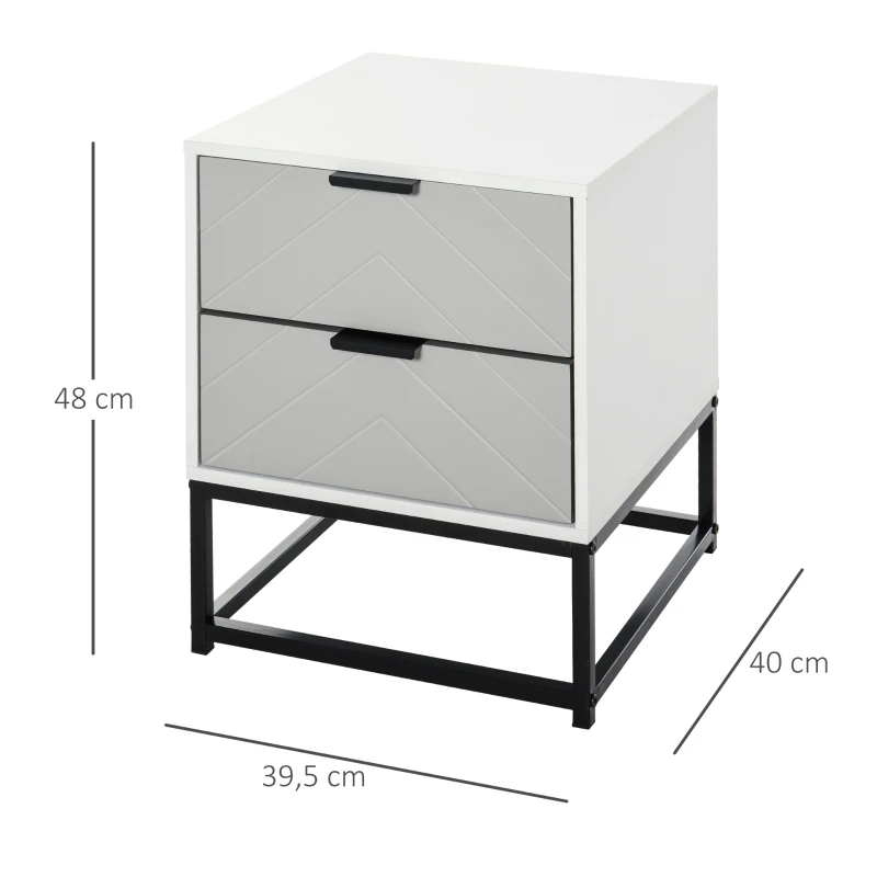 HOMCOM Mesa de cabeceira com 2 gavetas e base elevada de metal Estilo moderno e minimalista 39,5x40x48 cm Branco e cinza