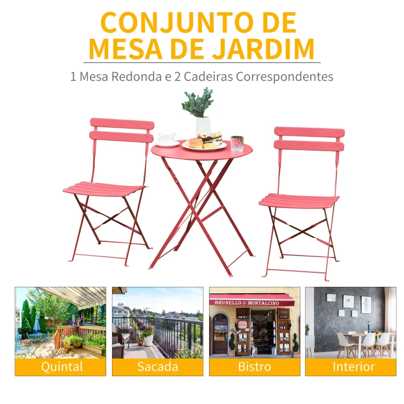 Outsunny Conjunto de móveis de jardim dobrável de 3 peças Mesa de metal e 2 cadeiras Ø60x71 cm vermelho