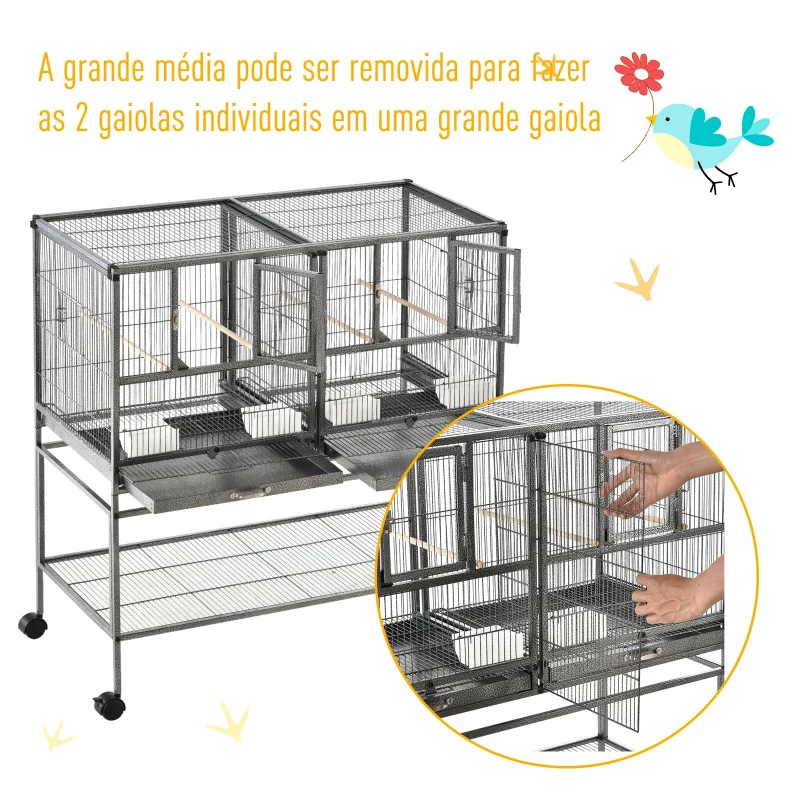 PawHut Gaiola de pássaro pequeno com 2 bandejas 4 alimentadores 4 poleiros 95x45,5x102 cm
