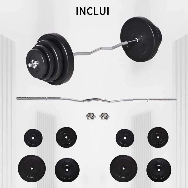 HOMCOM Barra de Pesos Curvada com 8 Discos de Peso Intercambiáveis até 70kg de Aço para Treinamento Culturismo em Academia Casa 140x38,5x38,5cm Preto