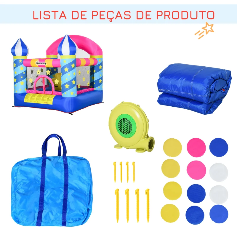 Outsunny Castelo inflável para crianças de Estrelas  com cama de salto Cesta Inflador e bolsa para interior e exterior 195x195x215 cm Multicolor