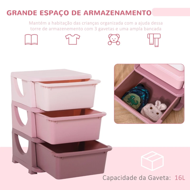 HOMCOM organizador de brinquedos Infantil para crianças acima de 3 anos com 3 Gavetas e Alças amplo espaço de armazenamento para Brinquedos Roupas Livros 37x37x56,5 cm Rosa