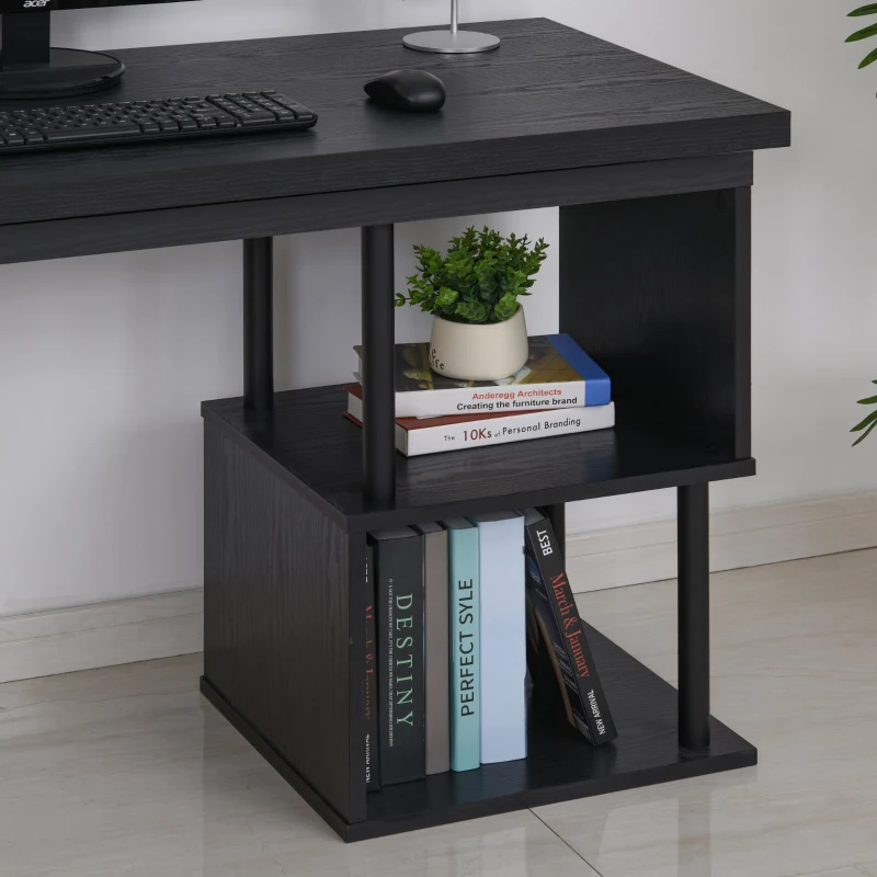 HOMCOM Secretária em Forma L Giratória 360 Graus com  Prateleiras e Grande Espaço de Armazenamento 220x55x79cm Preto