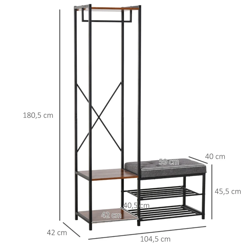 HOMCOM Móvel Cabide de Entrada com Sapateira Banco e Prateleiras Armário de Entrada com Cabides 104,5x42x180,5cm Marrom e Preto