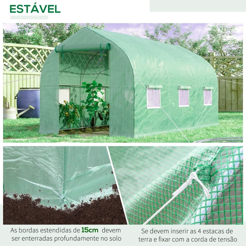 Outsunny Estufa Tipo Túnel 400x200x200cm Estufa de Jardim com 6 Janelas Transpiráveis e Portas Enrolável com Zíper para Cultivo de Plantas e Verduras Verde