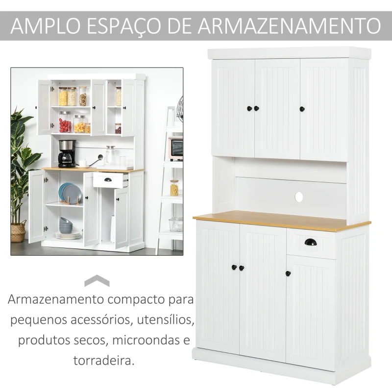 HOMCOM Armário de Cozinha Armário Organizador com 7 prateleiras e uma gaveta removível 4 portas com prateleiras ajustáveis ​​101x39x180 cm Branco
