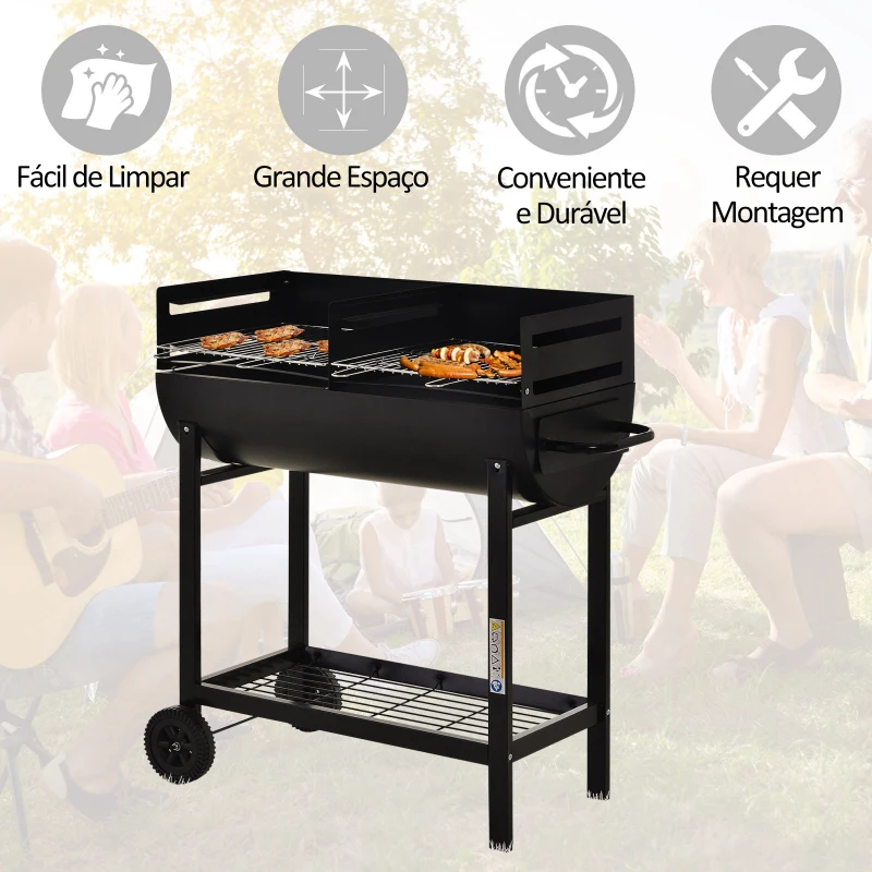 Outsunny Barbecue a Carvão com Grelha Ajustável em Altura Prateleira de Armazenamento e Rodas 90x45x96 cm Preto
