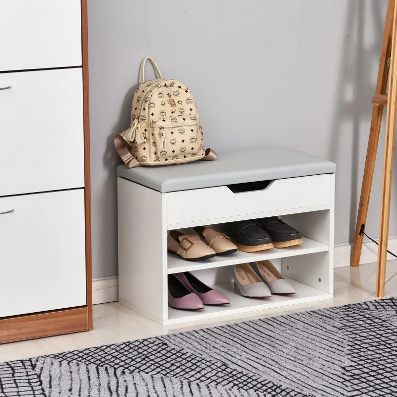 HOMCOM Sapateira com Assento Almofadado 2 Prateleiras e 1 Gaveta 63x30,5x45,5 cm Branco
