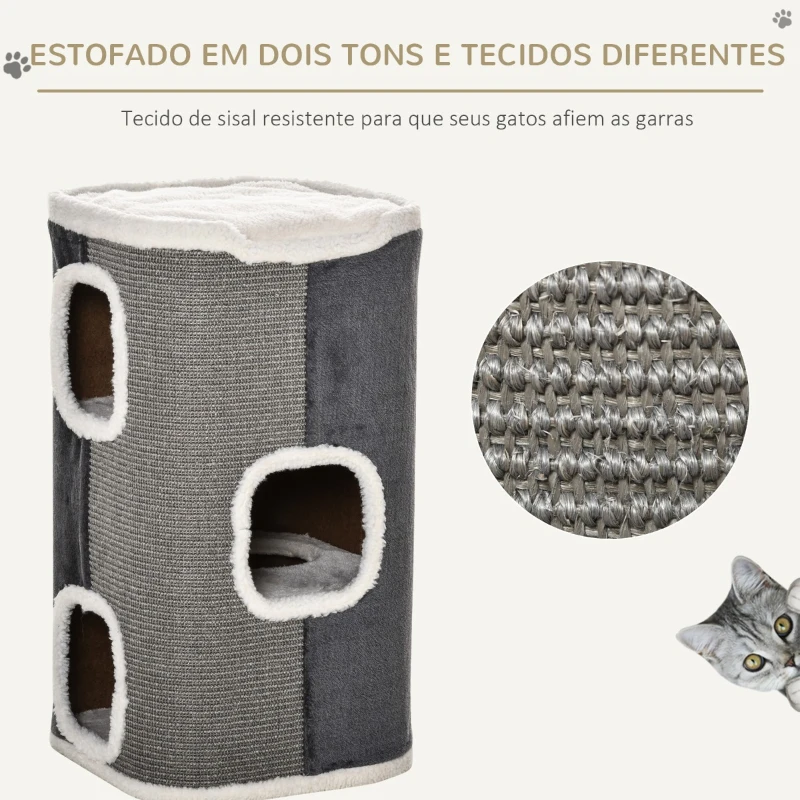 PawHut Arranhador em Forma de Cilindro para Gatos com 3 Cavernas de Sisal e Pelúcia Plataforma de Velo 40x40x74cm Cinza