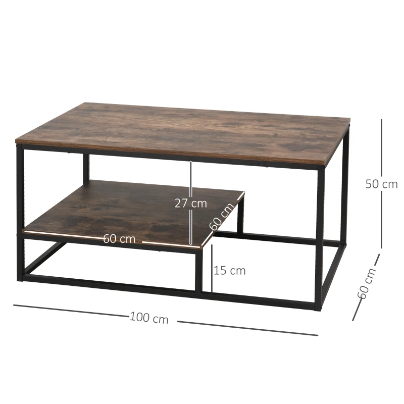 HOMCOM Mesa de Centro Industrial Mesa de Café Desenho Retrô com Prateleira Inferior Base de Metal 100x60x50cm Madeira
