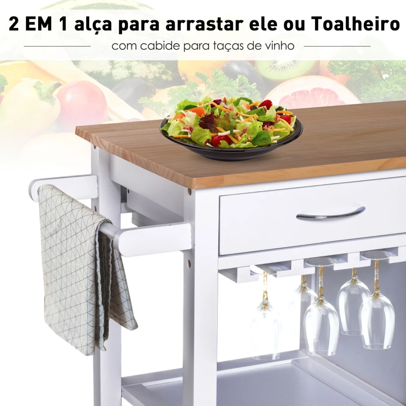 HOMCOM Carrinho de Cozinha Multiusos Carrinho Auxiliar com Rodas Prateleiras Armário e Gavetas para Cozinha 88,5x40x86cm Branco e Madeira Natural