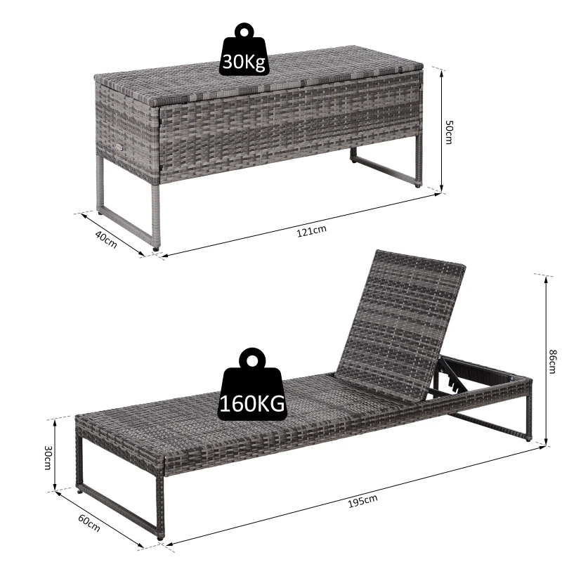 Outsunny Conjunto de 2 espreguiçadeiras de jardim com almofadas acolchoadas de vime com mesa lateral para piscina ou terraço Carga 160kg 195x60x86 cm de vime Armação de aço Cinza