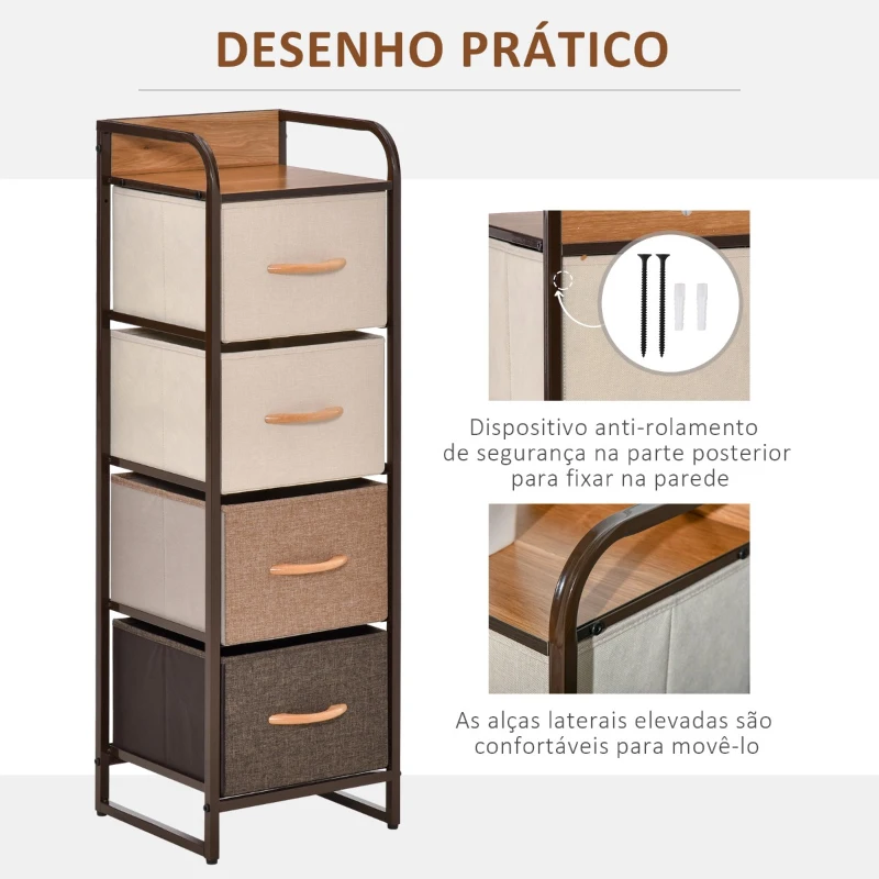 HOMCOM Cómoda de Tecido com 4 Cestos Removíveis e Dobráveis Base Elevada Móvel de Armazenamento para Dormitório Sala de Estar 31x29x99cm Multicor
