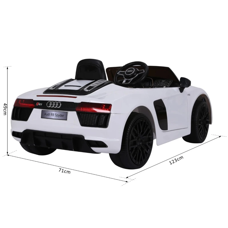 HOMCOM Carro Elétrico para Crianças acima de 3 anos Audi R8 com Controle a Distância MP3 USB Luzes e Sons Abertura da Porta 123x71x49cm Carga 30kg Branco