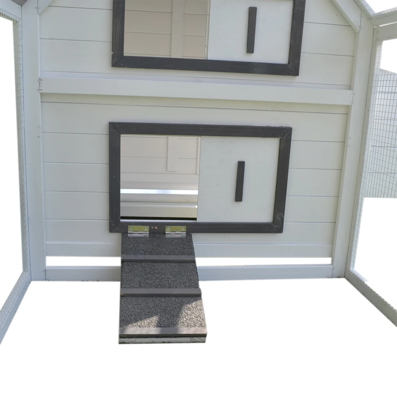 PawHut Galinheiro de Madeira para Exterior Gaiola para Galinhas de 2 Níveis 166x120x112cm com Cercado de Arame Caixa Ninho Bandeja Removível e Rampa Cinza e Branco