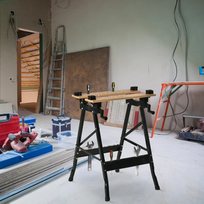 HOMCOM Bancada de Trabalho Dobrável Portátil com Placas Ajustáveis em Ângulo e Distância Bambú e Aço Carga Máx. 150kg 63,5x60x5x78cm Madeira Natural e Preto