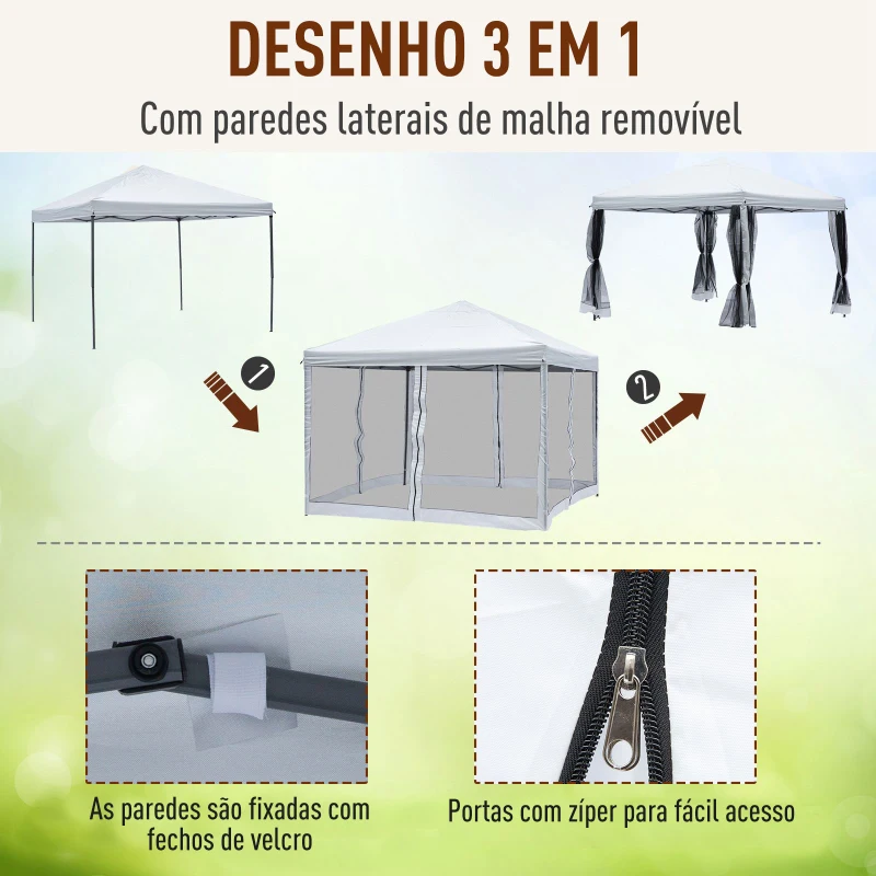 Outsunny Tenda dobrável para jardim 3x3m Redes mosquiteiras Removível com zíper 4 orificios de drenagem tecido oxford 420D Branco
