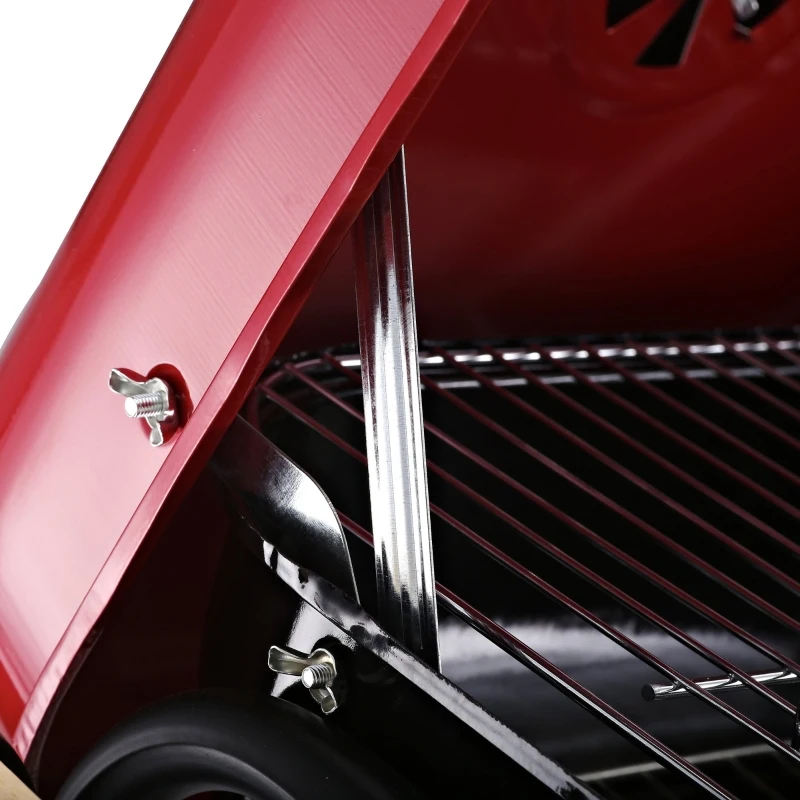 Outsunny Barbecue a Carvão com Prateleiras de Madeira e Rodas Barbecue e Carvão para Campismo Pátio 98x49x81 cm Preto e Vermelho