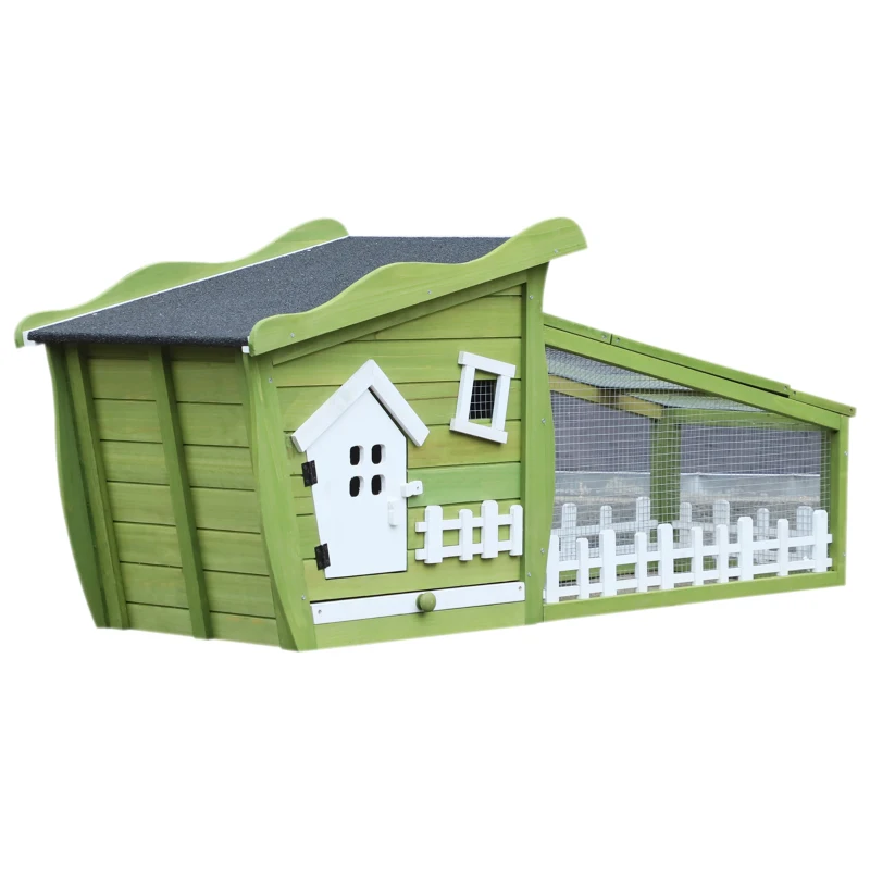PawHut Coelheira de madeira Galpão Externo com Bandeja Removível e Telhado Asfáltico 156x65x65 cm Verde e Branco