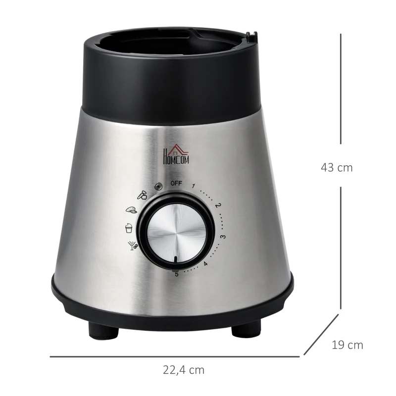 HOMCOM Liquidificadora de 1000W Jarro de Cristal de 1,5L com 4 Programas 5 Velocidades Ajustáveis Lâmina de 6 Folhas Aço Inoxidável e Garrafa Portátil 22,4x19x43cm Preto