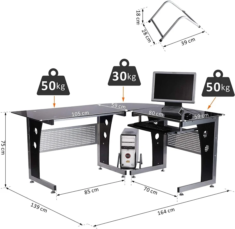 HomCom Secretária de Vidro para Computador de Canto em Forma de “L”