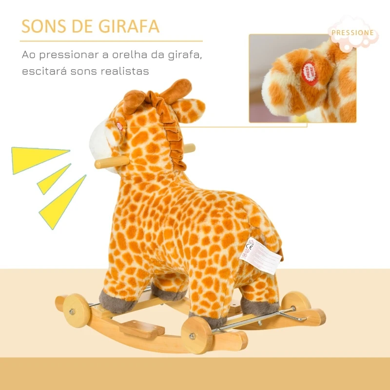 HOMCOM Baloiço Infantil em Forma de Girafa para Crianças acima de 3 Anos Baloiço 2 em 1 com Rodas e Sons 63x38x63cm Multicolor