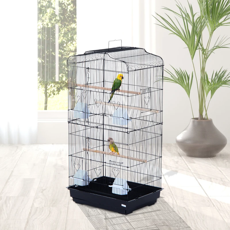 PawHut Gaiola para Aves com 2 portas, 4 poleiros de madeira e 4 recipientes de plástico Estrutura Aço 47,5x36x91 cm