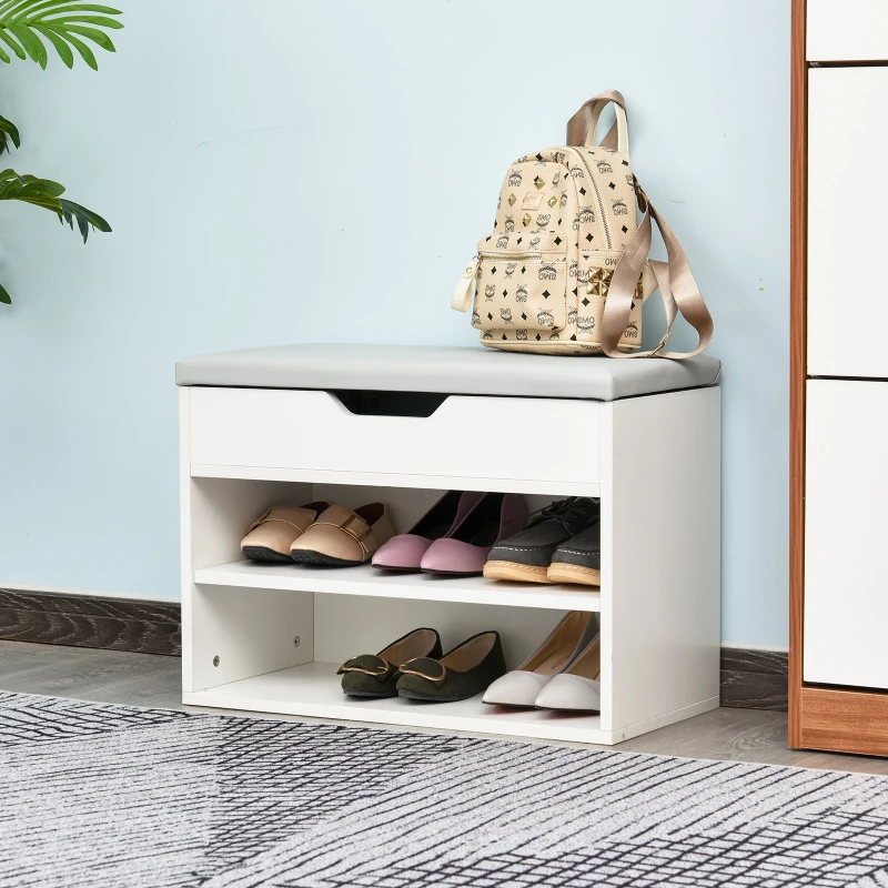 HOMCOM Sapateira com Assento Almofadado 2 Prateleiras e 1 Gaveta 63x30,5x45,5 cm Branco