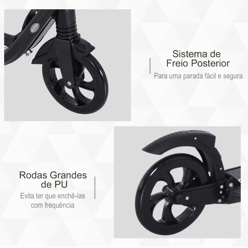 HOMCOM Trotinete Dobrável para Adultos e Crianças acima de 14 anos Guidão com Altura Ajustável Freio Rodas Grandes Carga 100kg 93,5x38x95-105cm Preto