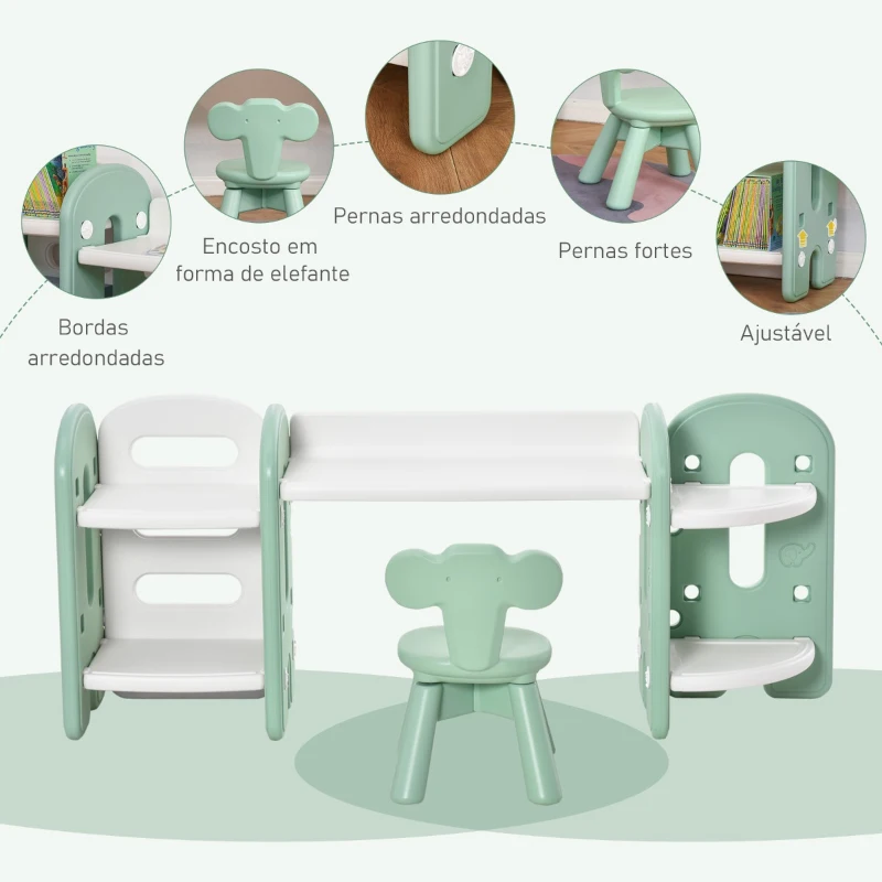 HOMCOM Conjunto de Mesa e Cadeira Infantil 2 em 1 com Prateleira Conjunto de Mesa e Cadeira para Crianças com 4 Prateleiras de Armazenamento para Livros Brinquedo 150x35x62,5cm Verde e Branco