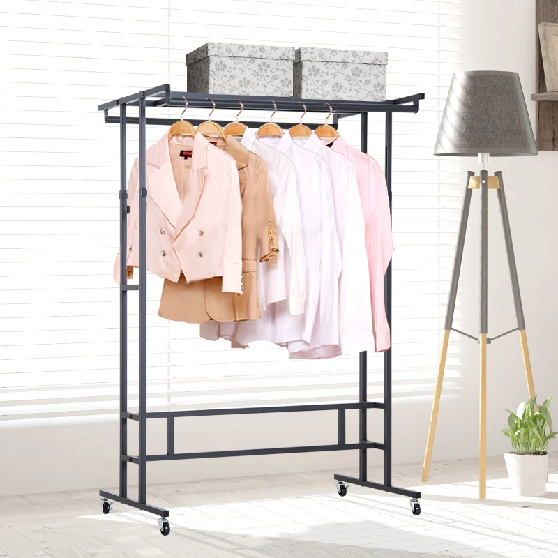 HomCom® Cabide Burro Ajustável com Rodas Barra para Pendurar Roupa com Estante Superior Cabide de Pé