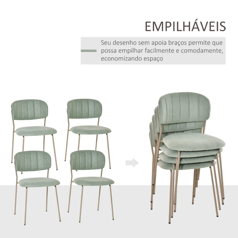 HOMCOM Conjunto de 4 Cadeiras de Sala de Jantar Empilháveis com Pés de Metal Estilo Moderno Nórdico para Cozinha Bar Restaurante Carga Máx. 100kg 49,5x55x81cm Verde