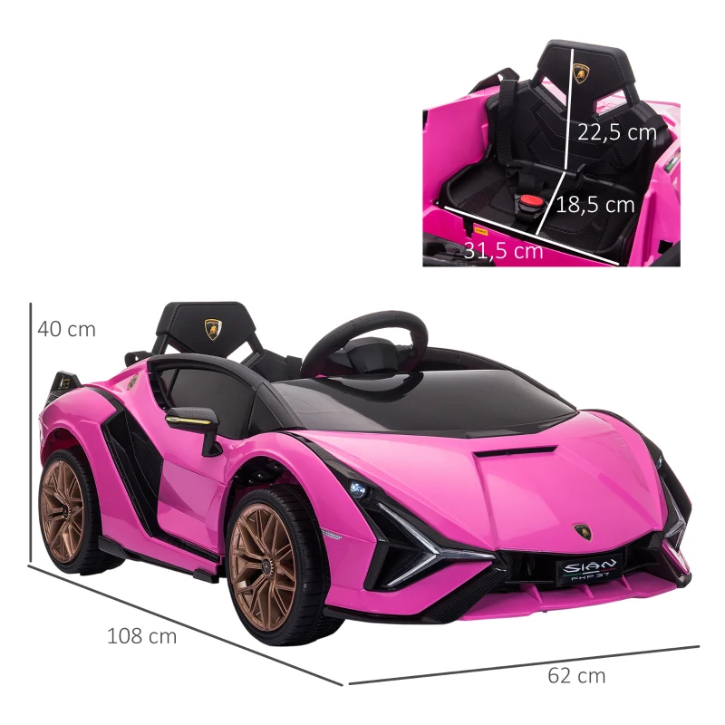 HOMCOM Carro Elétrico Lamborghini SIAN 12V para Crianças de 3-8 anos com Controle Remoto Abertura da Porta Música MP3 USB e Faróis 108x62x40cm Rosa