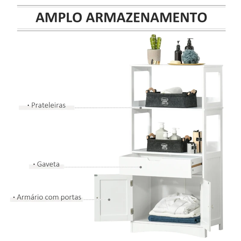 Kleankin Armário para Banheiro com 3 Prateleiras Gaveta e 2 Portas Móvel de Armazenamento para Cozinha, Sala de estar Dormitório 60x33x122,5cm Branco