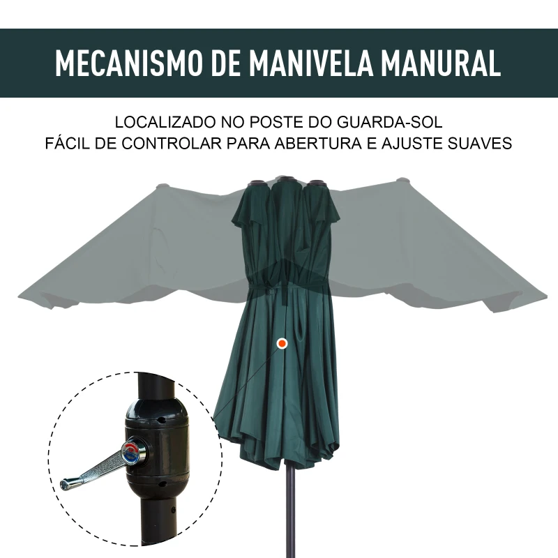 Outsunny Chapéu de Sol Duplo 4,55x2,68x2,38 m  Chapéu de Sol de Jardim com Manivela Manual Resistente à Água e com Proteção Solar UV para Terraço Pátio Verde