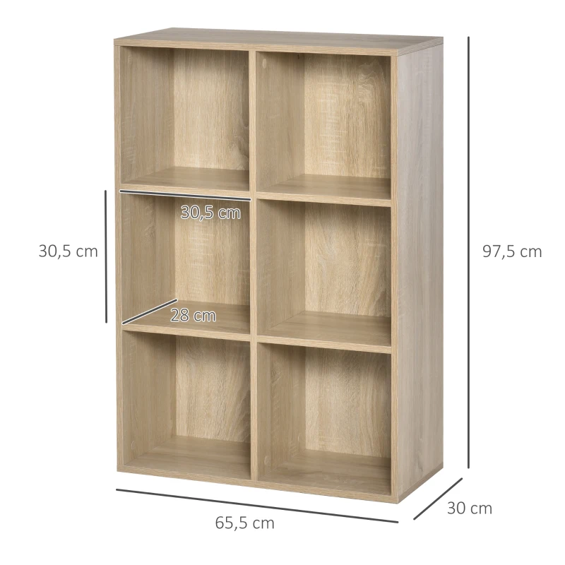 HOMCOM Estante para Livros Estante de Madeira de 3 Níveis com 6 Compartimentos de Armazenamento65,5x30x97,5cm Carvalho