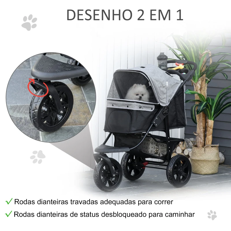 PawHut Carrinho de animais de estimação dobrável com rodas Correias de segurança e cesto de armazenamento 109,5x57,5x106,5 cm Cinza e preto