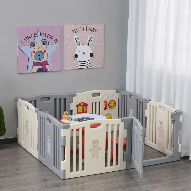 HOMCOM Parque infantil dobrável com 8 painéis para crianças acima de 6 meses 156x156x63 cm Branco e cinza