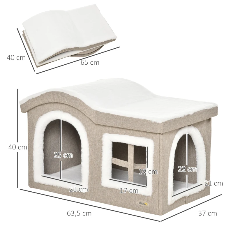 PawHut Casa Dobrável para Gatos Caverna para Gatos Grande com Tampa Removível Almofadas 2 Entradas e Janela 63,5x37x40cm Bege