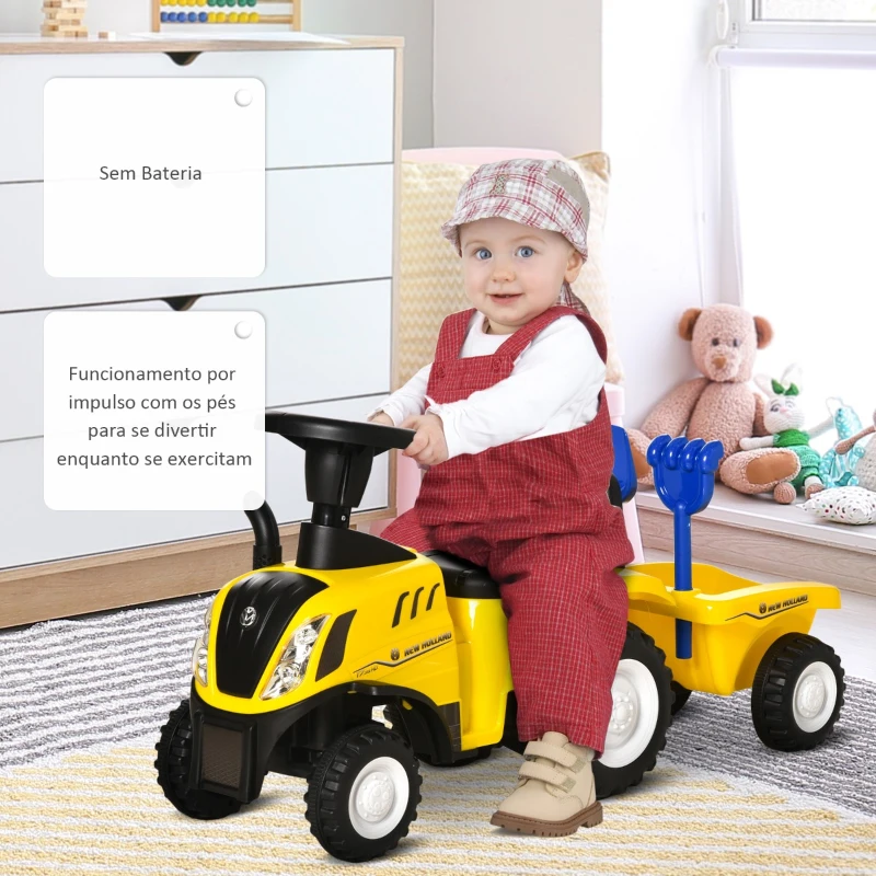 HOMCOM Trator para Crianças de 12-36 Meses com Reboque Removível Carro Andador com Buzina Farol Pá e Ancinho Carga 25kg 91x29x44cm Amarelo