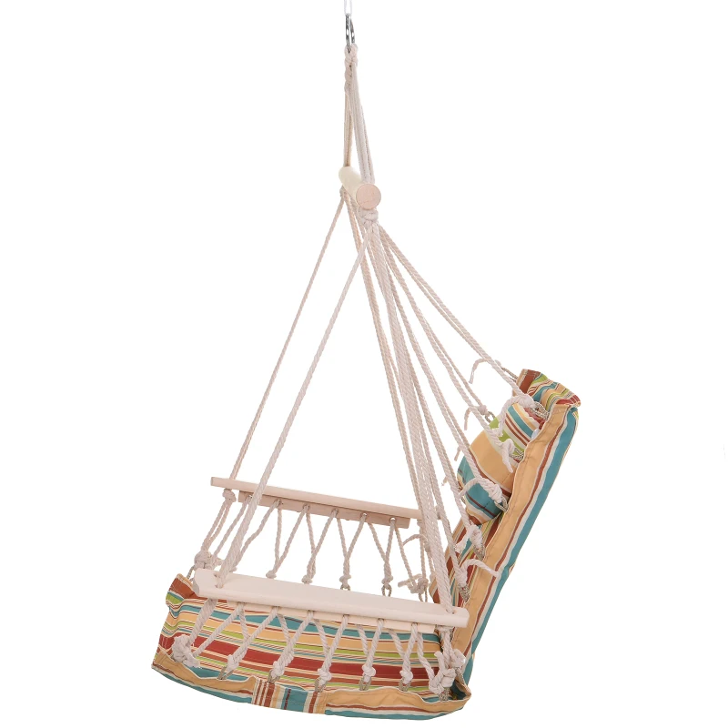 Outsunny Cadeira Rede Suspensa com Estampa em Listras Almofada de Apoio para a Cabeça Cadeira Rede Baloiço para Interior e Exterior Carga Máxima 105kg 100x106cm Multicor