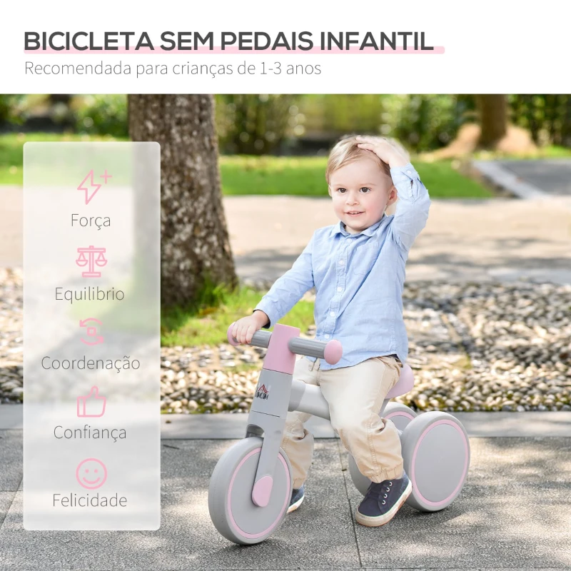 HOMCOM Bicicleta sem Pedais para Crianças de 1-3 Anos Bicicleta de Equilíbrio com 3 Rodas Silenciosas Carro Andador de Bebé 60x24x37cm Rosa