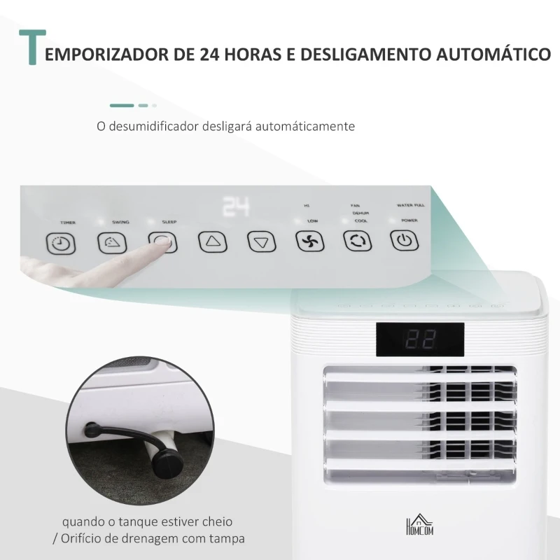 HOMCOM Ar Condicionador Portátil 4 em 1 Ventoinha Refrigerador e Desumidificador 2 Velocidades com Ecrã LED Controlo Remoto Silencioso 900W 38x35x70,5 cm Branco