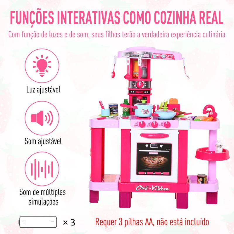 HOMCOM Cozinha para Crianças acima de 3 Anos Cozinha Infantil com 38 Acessórios Luz Som 78x29x87 cm Rosa