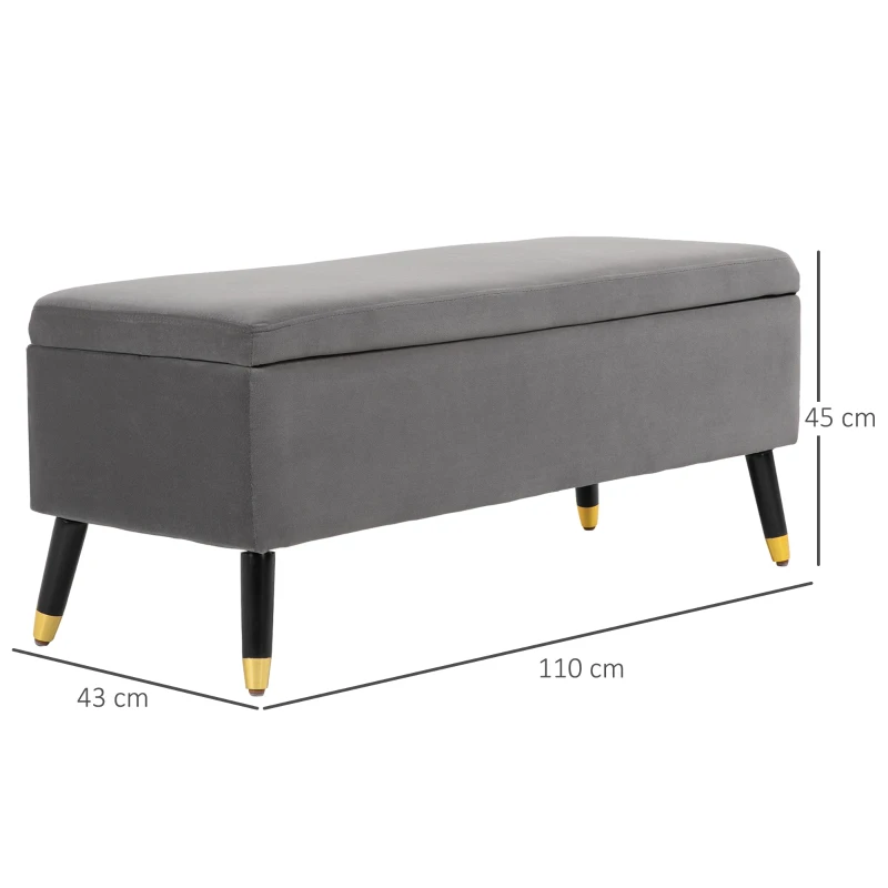 HOMCOM Banco de Armazenamento com Tampa Puff Estofado em Veludo com Assento Acolchoado e Pés de Madeira para Dormitório Entrada 110x43x45cm Cinza