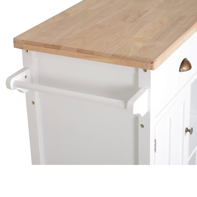 HOMCOM Ilha de Cozinha com Rodas com Gavetas Suporte para Garrafas Armários e Prateleira 113x45x89 cm Branco e Madeira
