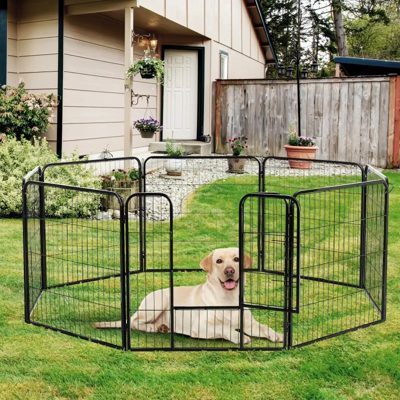 PawHut Parque para Animais de Estimação com 8 Paineis 80x80cm Cerca para Animais de Estimação com Porta com Trava para Jardim Pátio Exterior Preto