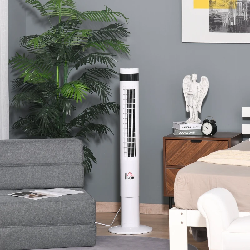 HOMCOM Ventilador de torre com 3 Modos 3 VelocidadesTela LED 12H de Temporizador Oscilante de 85 ° com Controle Remoto Altura 110 cm Branco
