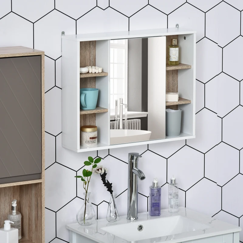 HOMCOM Armário de Espelho com Espaço Interno com Prateleiras Ajustáveis Armário de Banheiro com Prateleiras Abertas 60x14,5x49,4 cm Branco e Carvalho