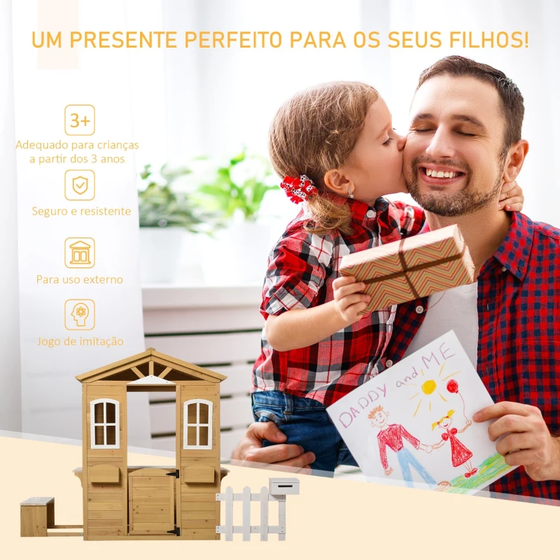 Outsunny Casa infantil para crianças a cima de 3 anos casa para brincar de madeira com caixa de correio banco 204x107x140 cm para exterior interior Cor madeira natural